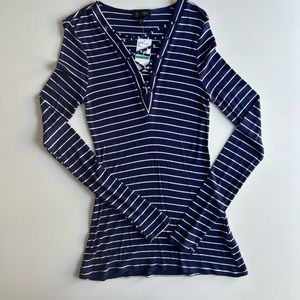 Jessica Simpson Navy and white striped, lace up, long sleeve top